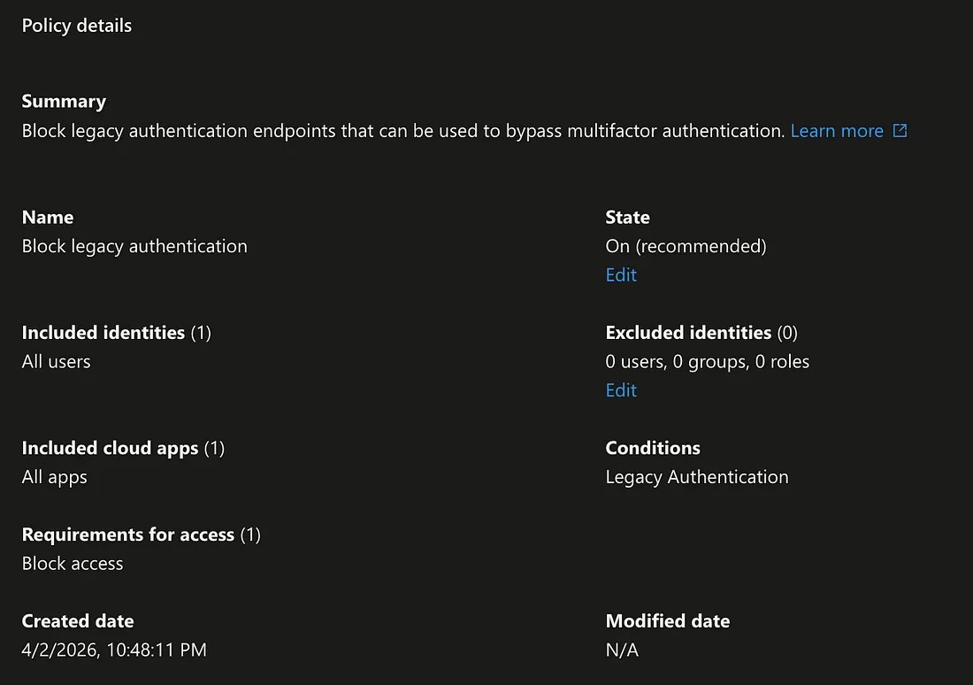 Policy details for blocking legacy authentication in Microsoft Entra