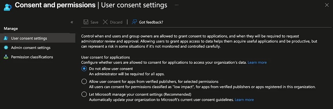 Microsoft Entra user consent settings with do not allow user consent selected