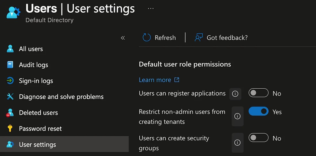 Microsoft Entra user settings showing app registration, tenant creation, and security group creation controls