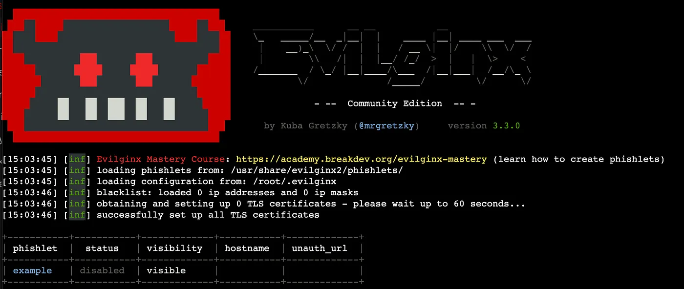 Evilginx started in a terminal